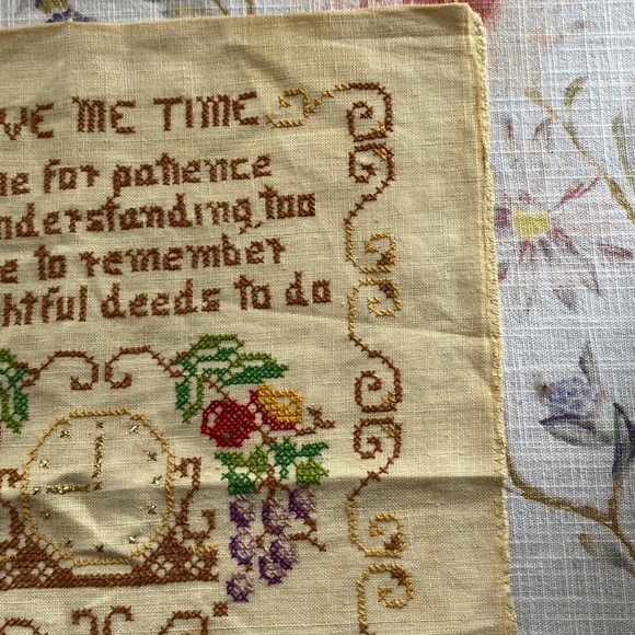 Antique vintage embroidery/stitchery give me time poem on the front with a clock - Picture 4 of 12